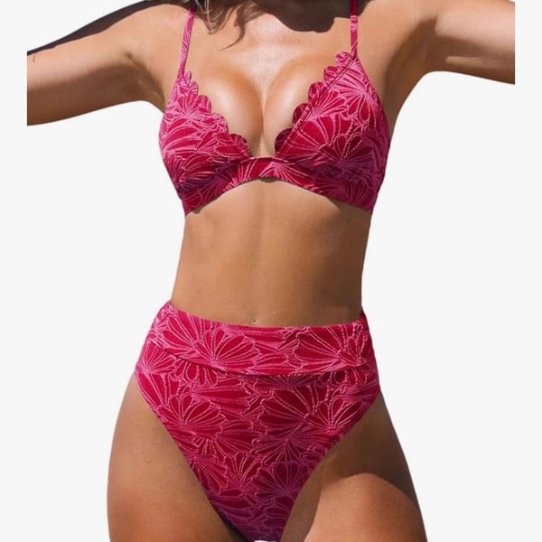 Cupshe Red Floral Jacquard Scalloped V-Neck High Waisted Bikini Set Size M