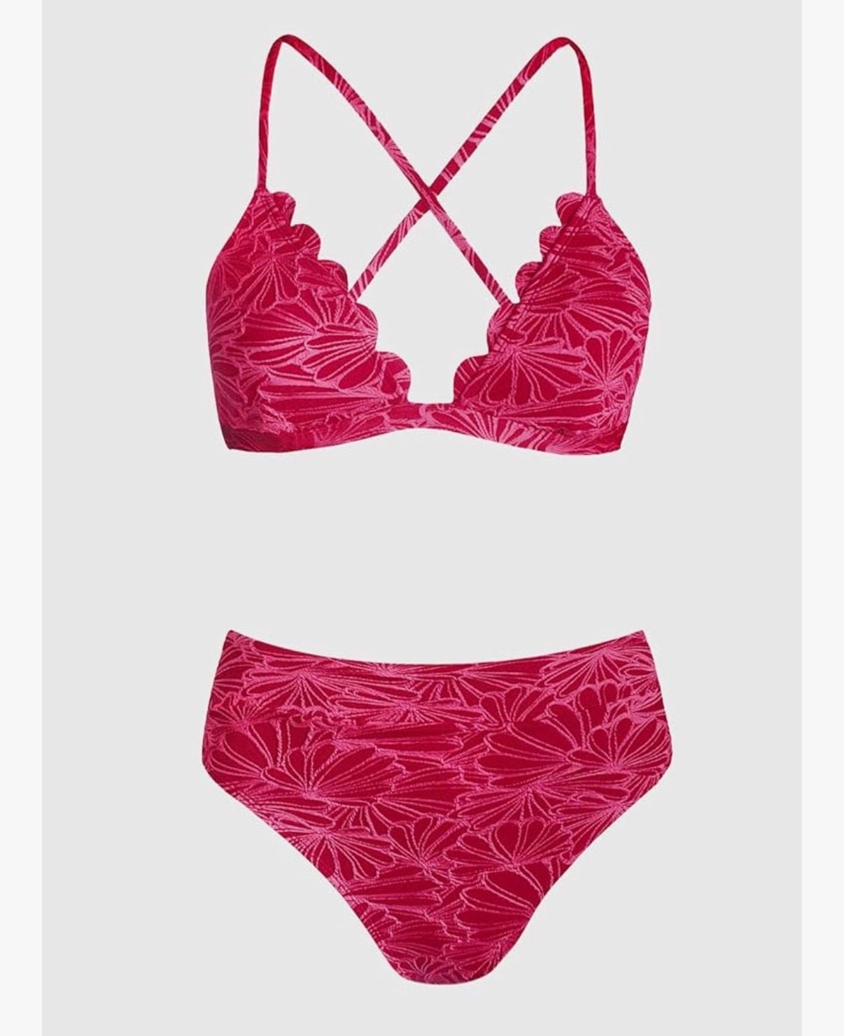 Cupshe Red Floral Jacquard Scalloped V-Neck High Waisted Bikini Set Size M 3