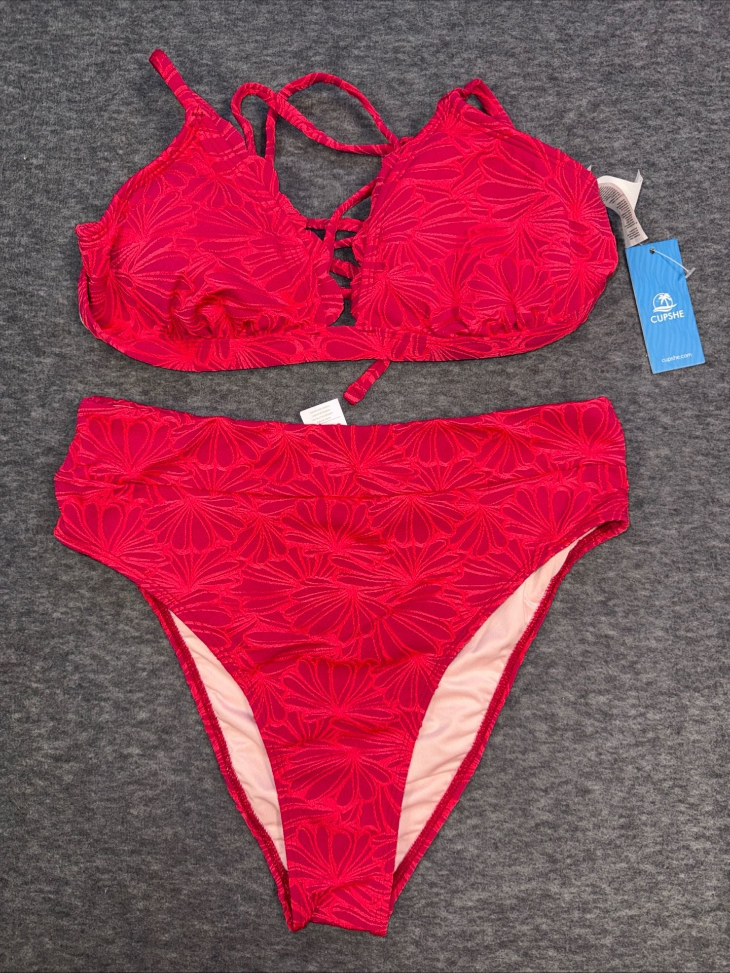 Cupshe Red Floral Jacquard Scalloped V-Neck High Waisted Bikini Set Size M 4