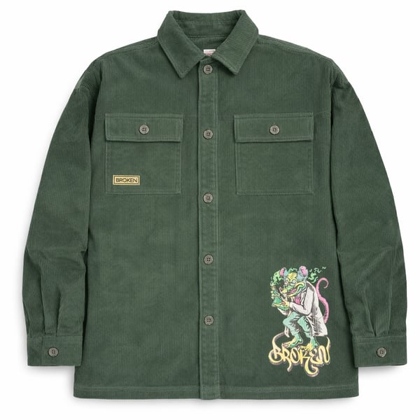 Broken Promises Dark Green Corduroy Work Shirt with Rat Graphic