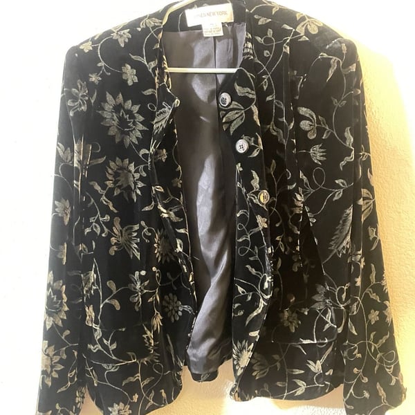Vintage Jones New York Velvet Floral Embroidered Blazer Jacket Black Size 14