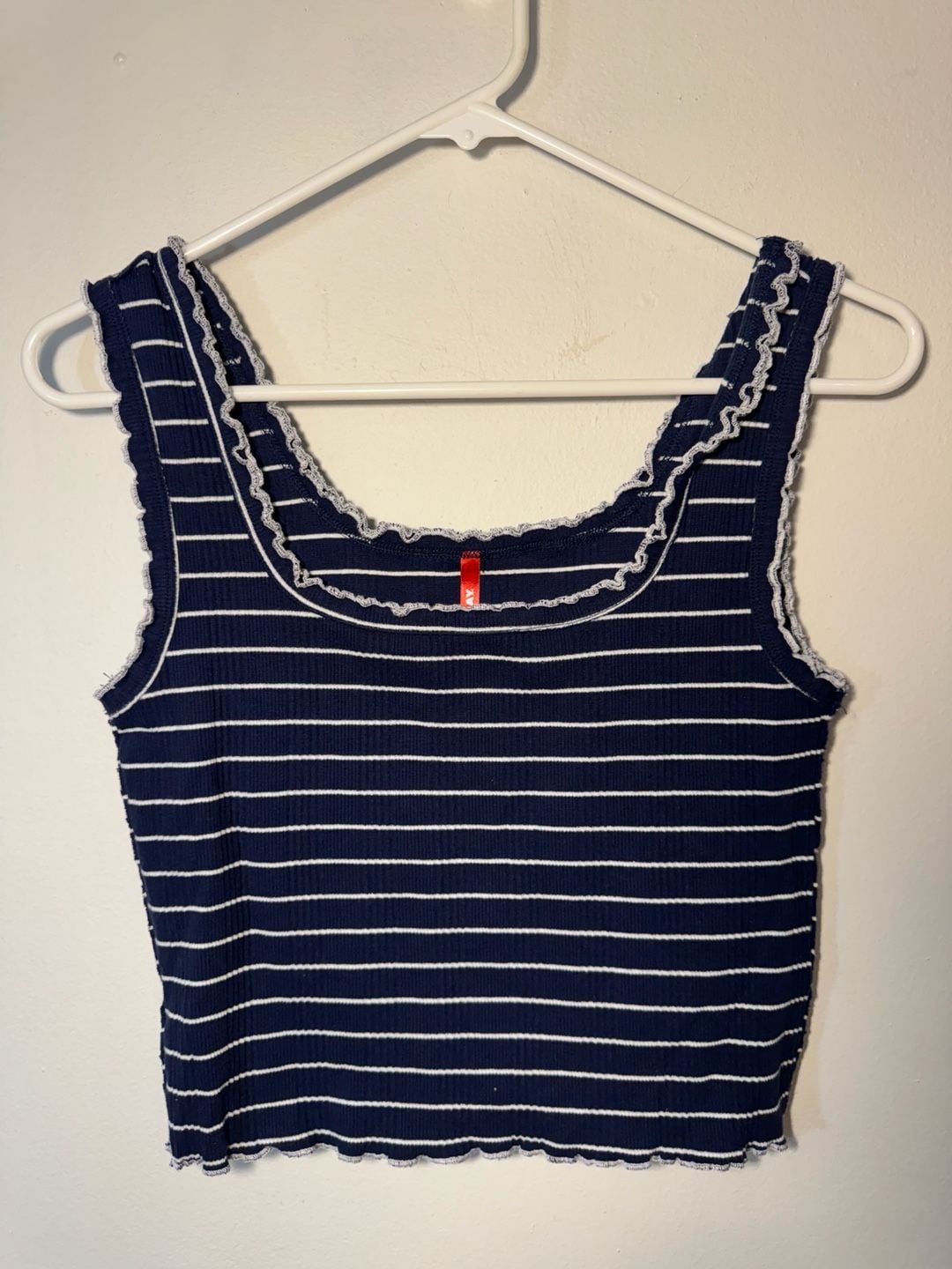UNIONBAY Navy Blue and White Striped Ribbed Tank Top with Lettuce Edge Trim 2