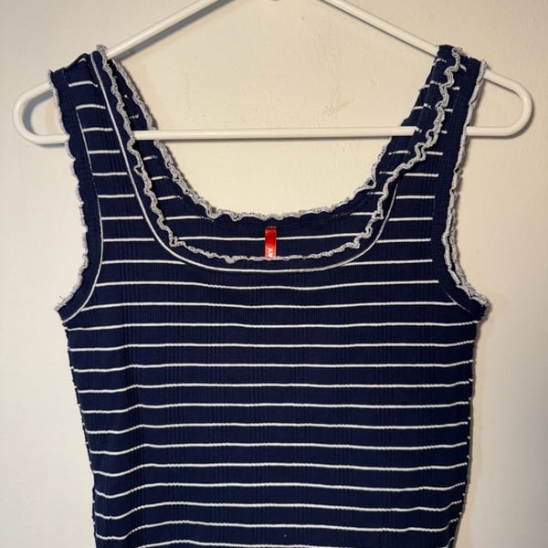 UNIONBAY Navy Blue and White Striped Ribbed Tank Top with Lettuce Edge Trim