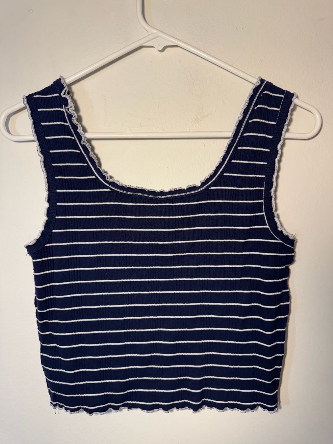 UNIONBAY Navy Blue and White Striped Ribbed Tank Top with Lettuce Edge Trim 4