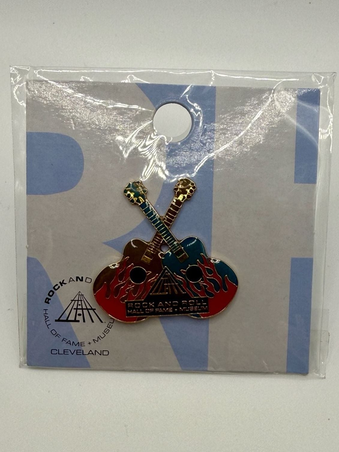 Vintage Rock and Roll Hall of Fame Cleveland Double Acoustic Guitar Flame Enamel Pin 2