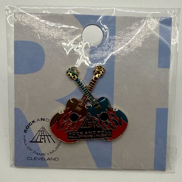 Vintage Rock and Roll Hall of Fame Cleveland Double Acoustic Guitar Flame Enamel Pin