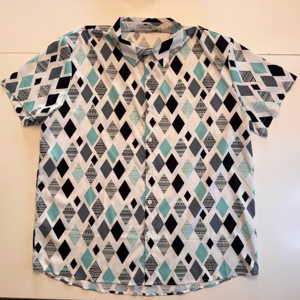 MISSLOOK Geometric Argyle Print Short Sleeve Button Up Casual Shirt 2XL