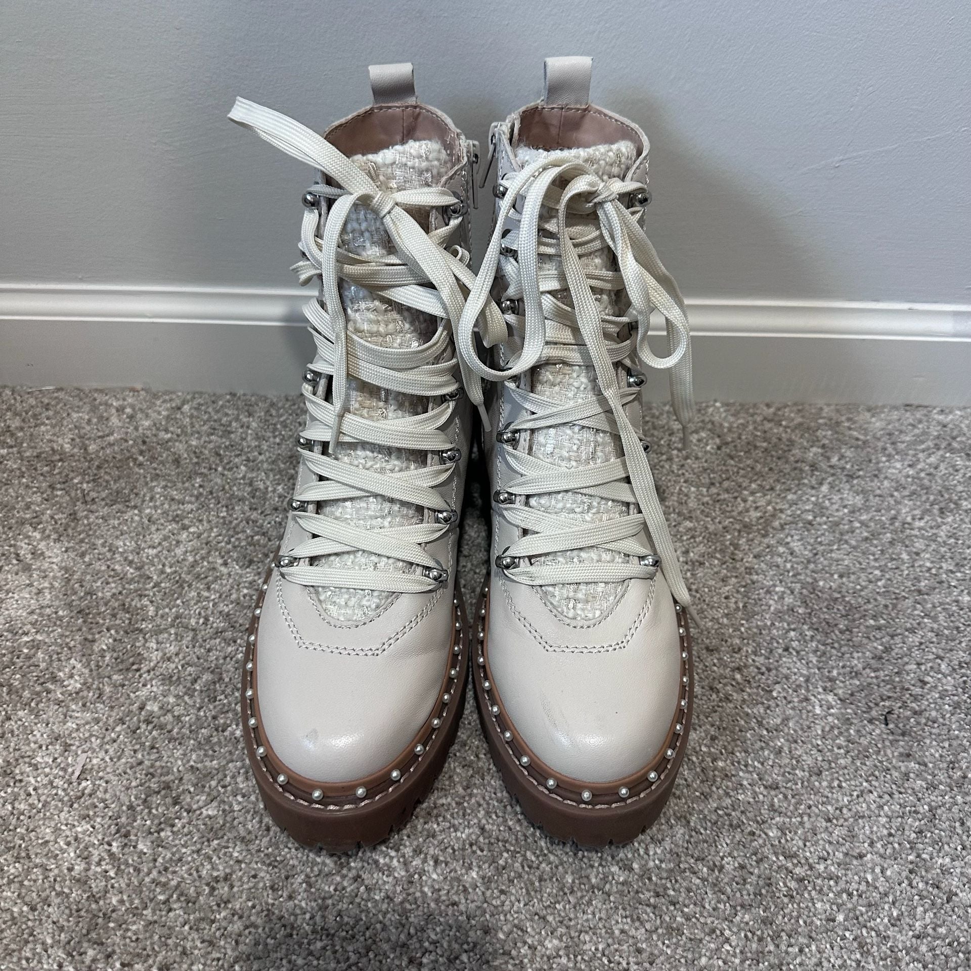 Steve Madden Rainier Leather Bone White Combat Boots with Pearl Stud Trim, Sz 8 3