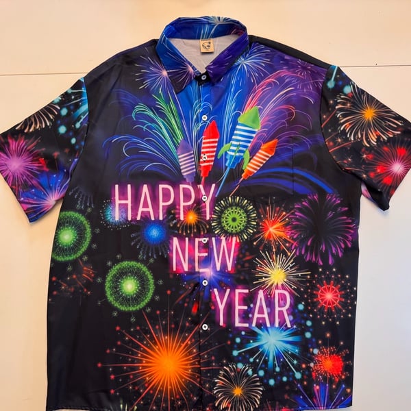 Hardaddy Men's Happy New Year Fireworks Print Short Sleeve Button Up Holiday Shirt 2XL