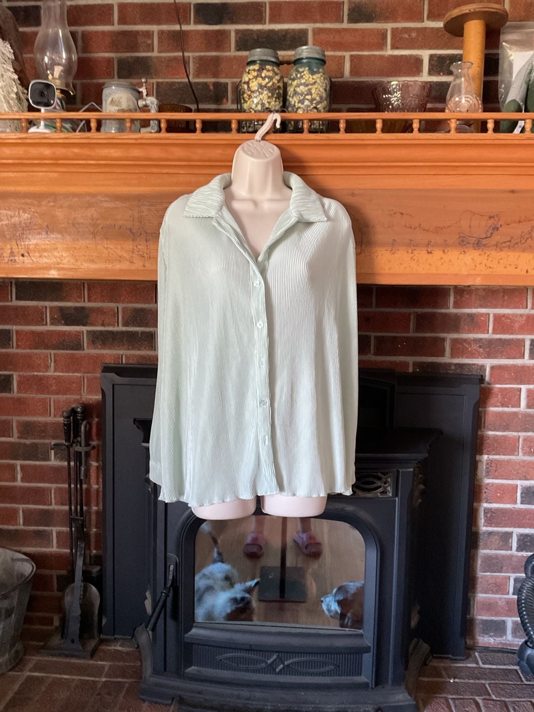 Forever 21 Women's Mint Green Plisse Pleated Long Sleeve Button Down Shirt Size Large 2