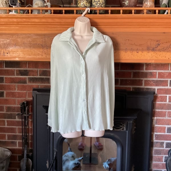 Forever 21 Women's Mint Green Plisse Pleated Long Sleeve Button Down Shirt Size Large