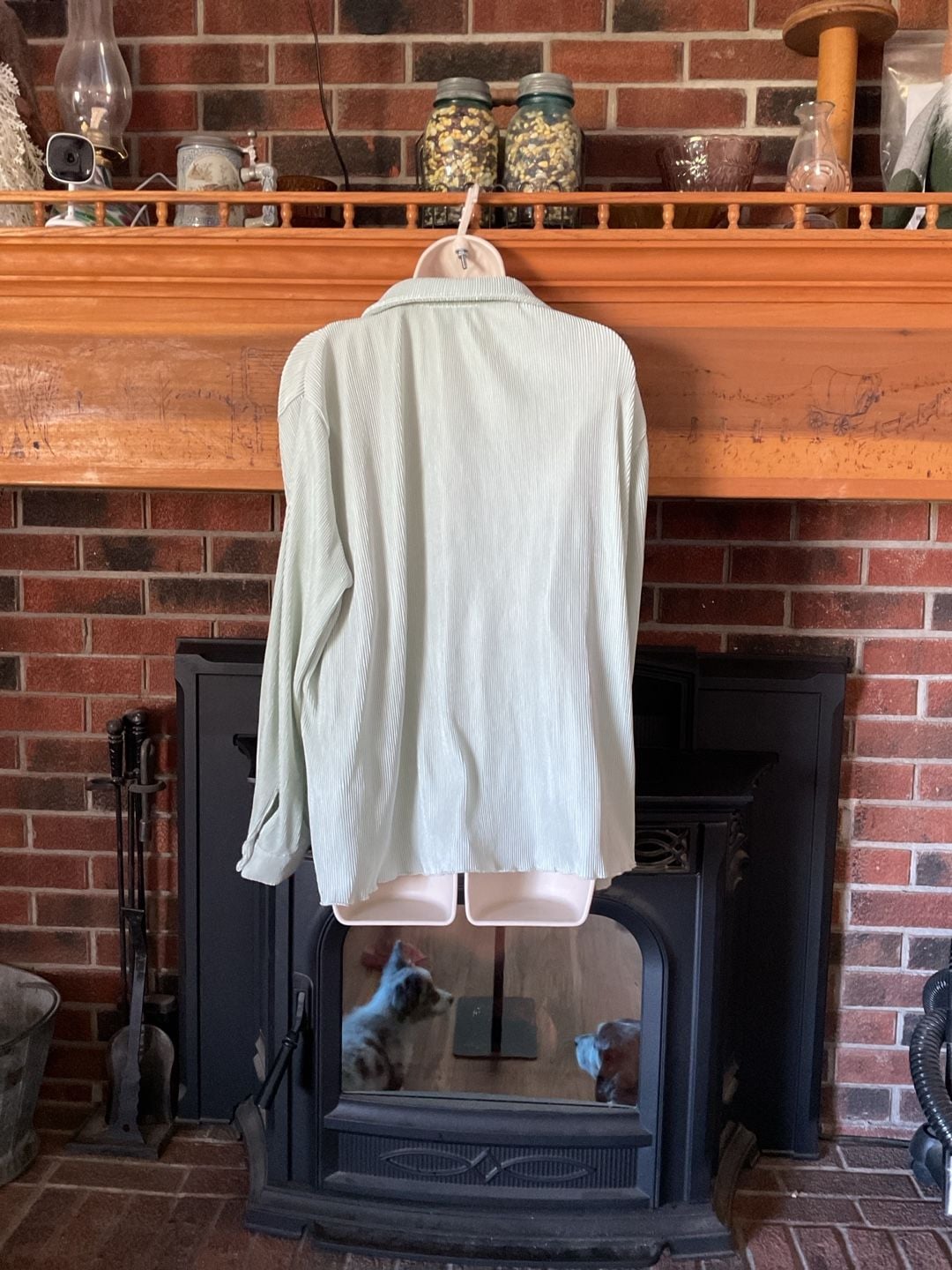 Forever 21 Women's Mint Green Plisse Pleated Long Sleeve Button Down Shirt Size Large 3