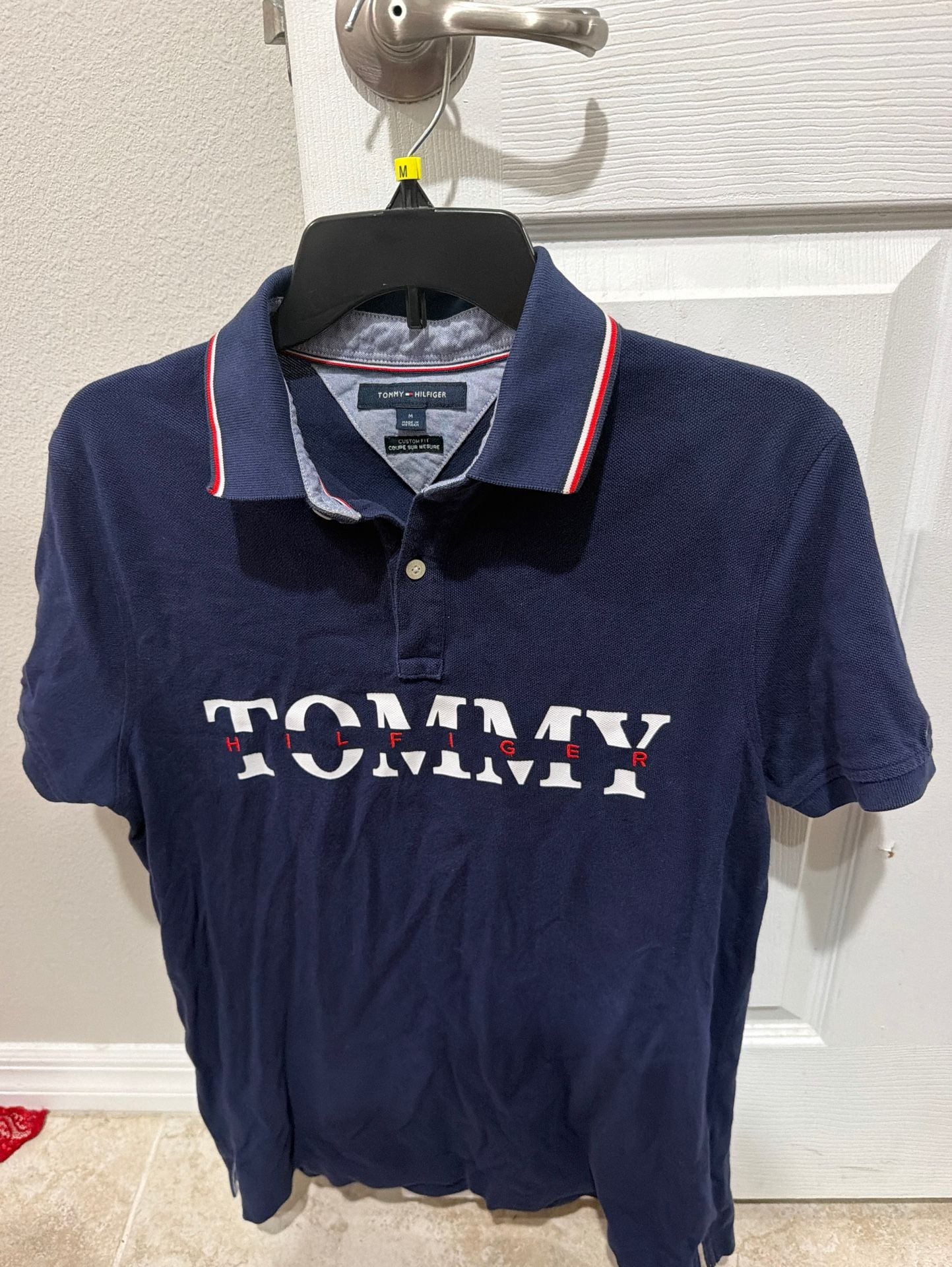 Tommy Hilfiger Men's Custom Fit Navy Blue Graphic Spellout Pique Polo Shirt Size M 3