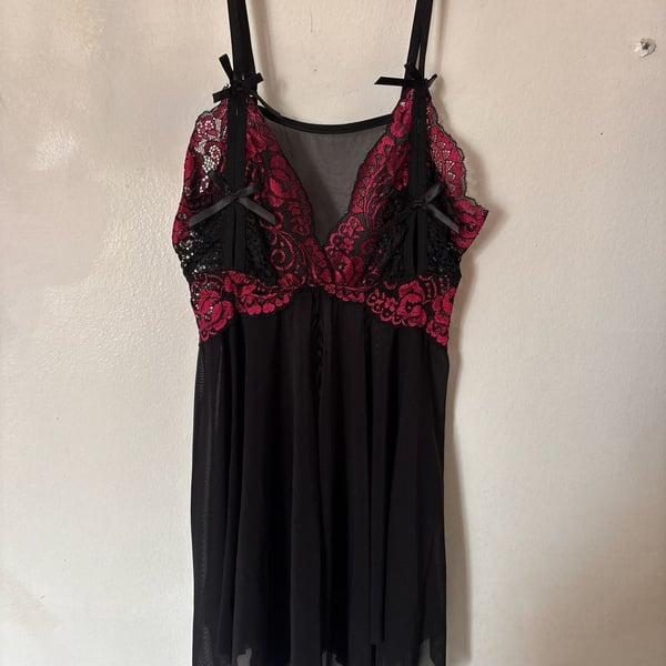  Seductive Wear Black & Red Lace Mesh Babydoll lingerie Nightgown