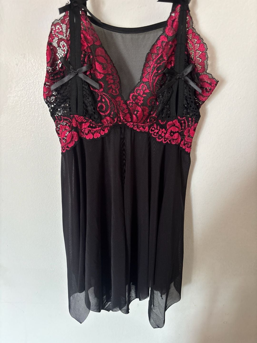 Seductive Wear Black & Red Lace Mesh Babydoll lingerie Nightgown 3