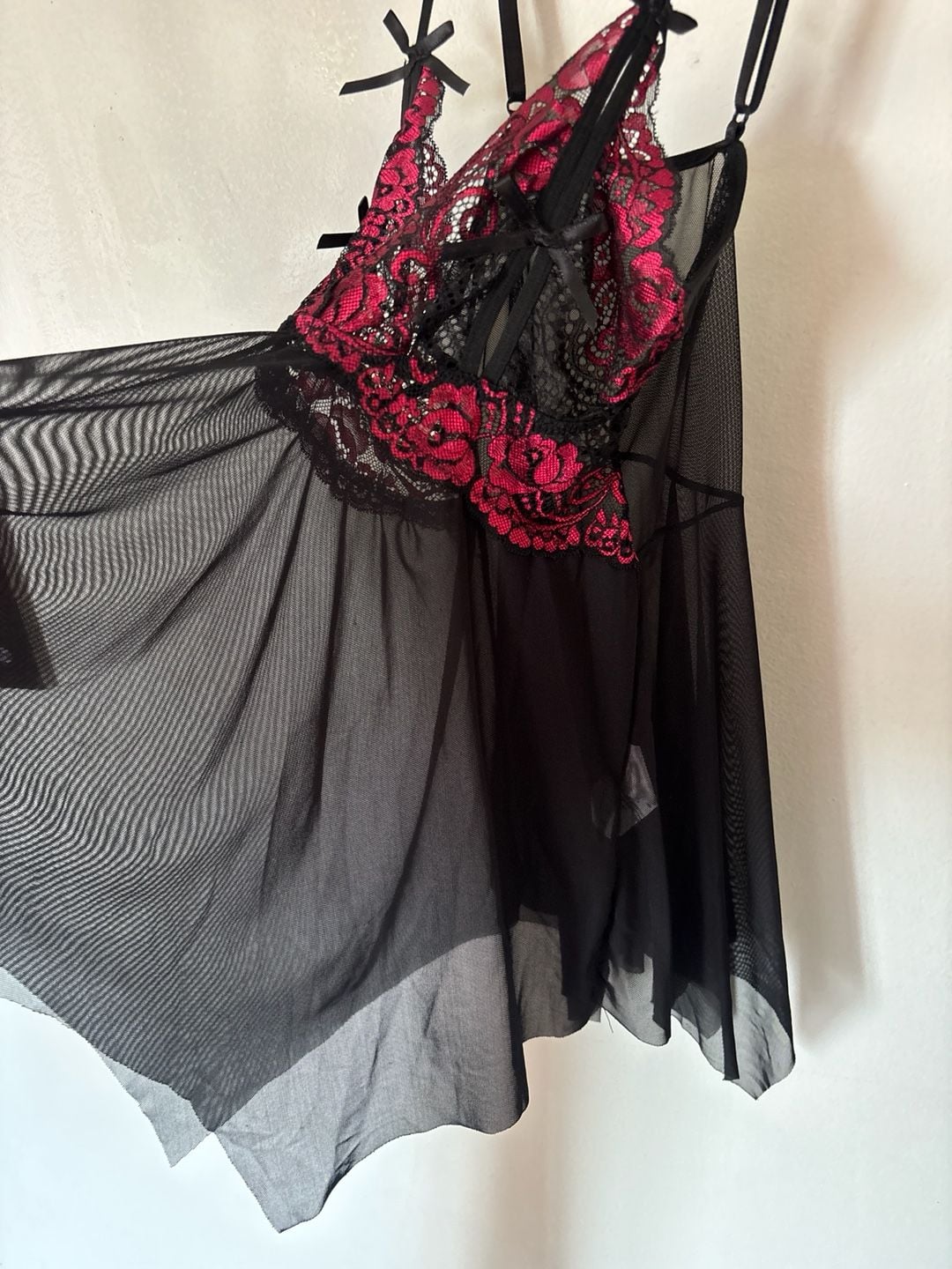 Seductive Wear Black & Red Lace Mesh Babydoll lingerie Nightgown 5