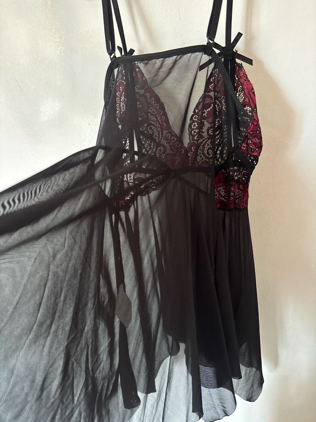 Seductive Wear Black & Red Lace Mesh Babydoll lingerie Nightgown 6