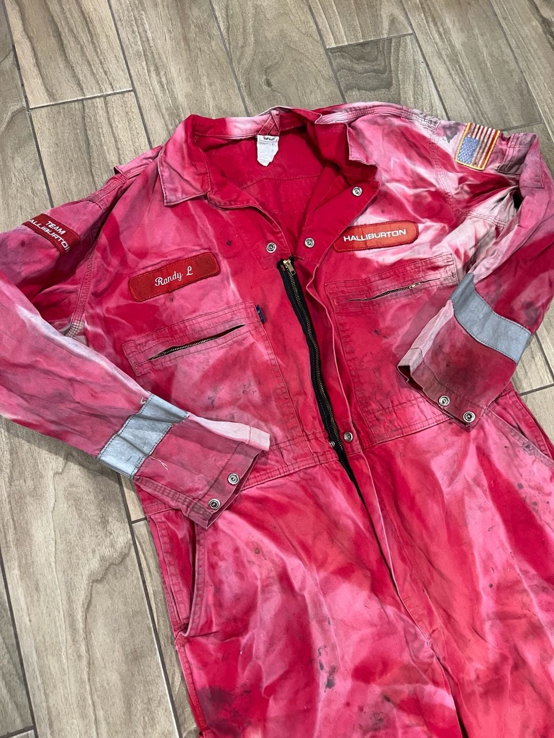 Vintage Wenaas Halliburton Flame Resistant Distress Red Bleached Reflective Workwear Coveralls 4