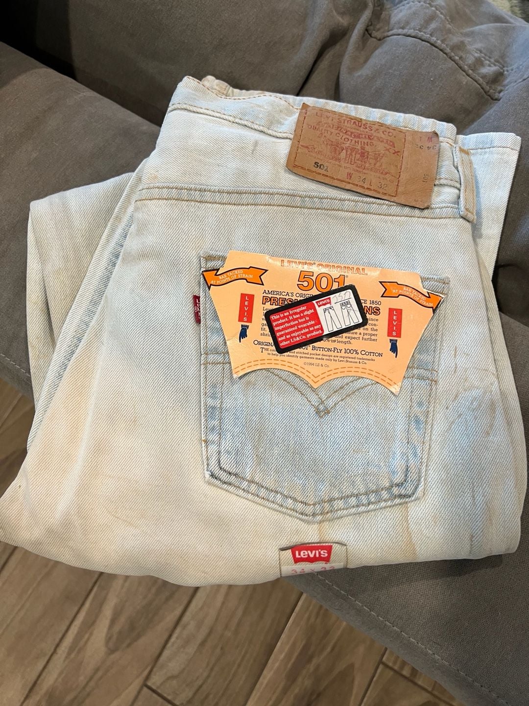 NWT Vintage 1994 Levi's 501 Original Button Fly Jeans Deadstock Irregular 34x32 Made in USA 2
