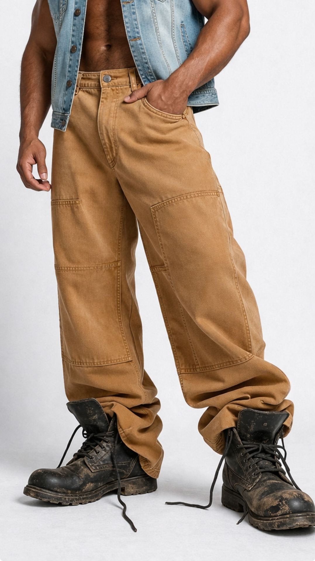 Wide Leg Canvas Carpenter Double Knee Utility Pants - Khaki Brown 34x30 2