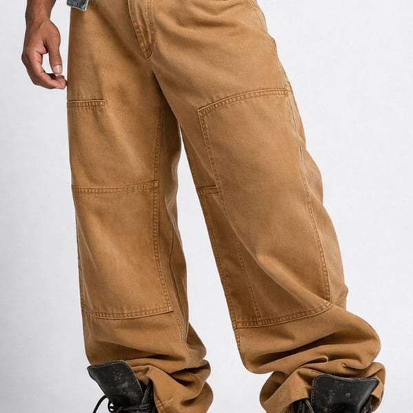 Wide Leg Canvas Carpenter Double Knee Utility Pants - Khaki Brown 34x30