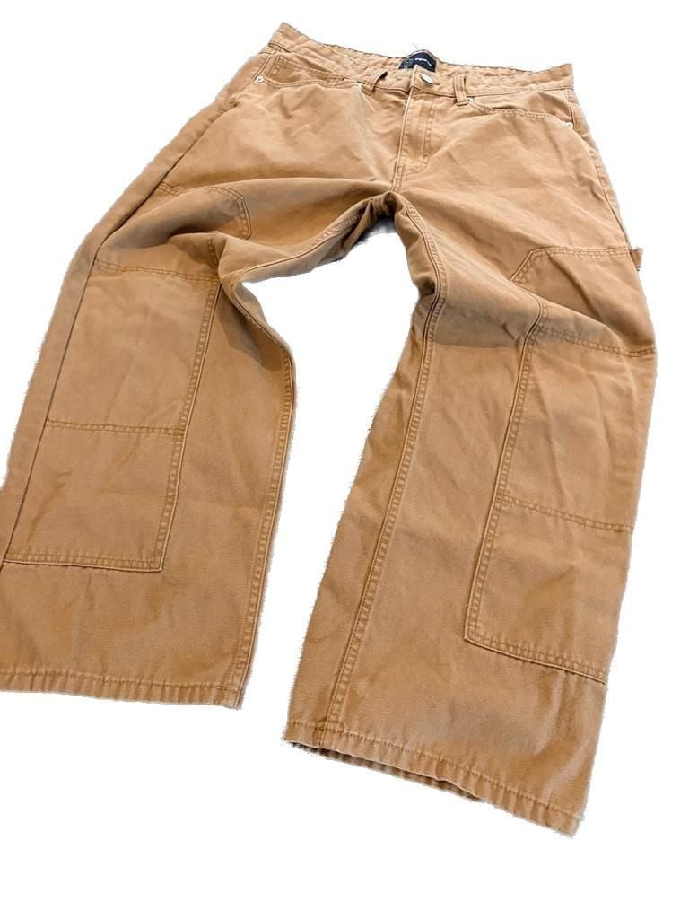 Wide Leg Canvas Carpenter Double Knee Utility Pants - Khaki Brown 34x30 3