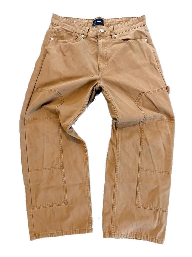 Wide Leg Canvas Carpenter Double Knee Utility Pants - Khaki Brown 34x30 4