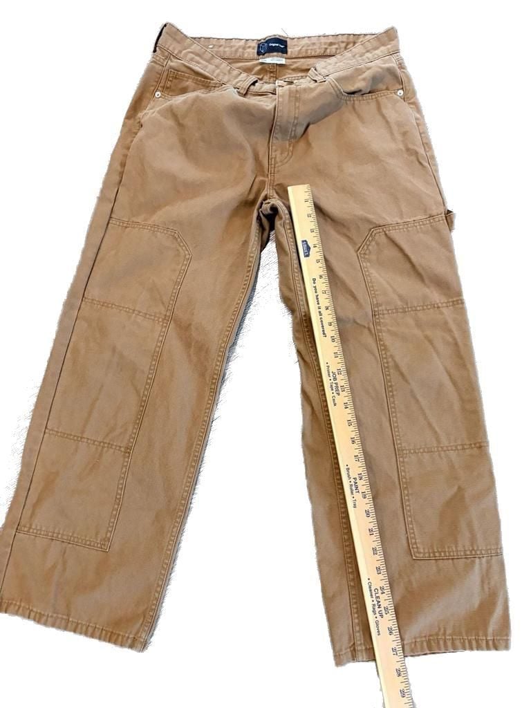Wide Leg Canvas Carpenter Double Knee Utility Pants - Khaki Brown 34x30 7