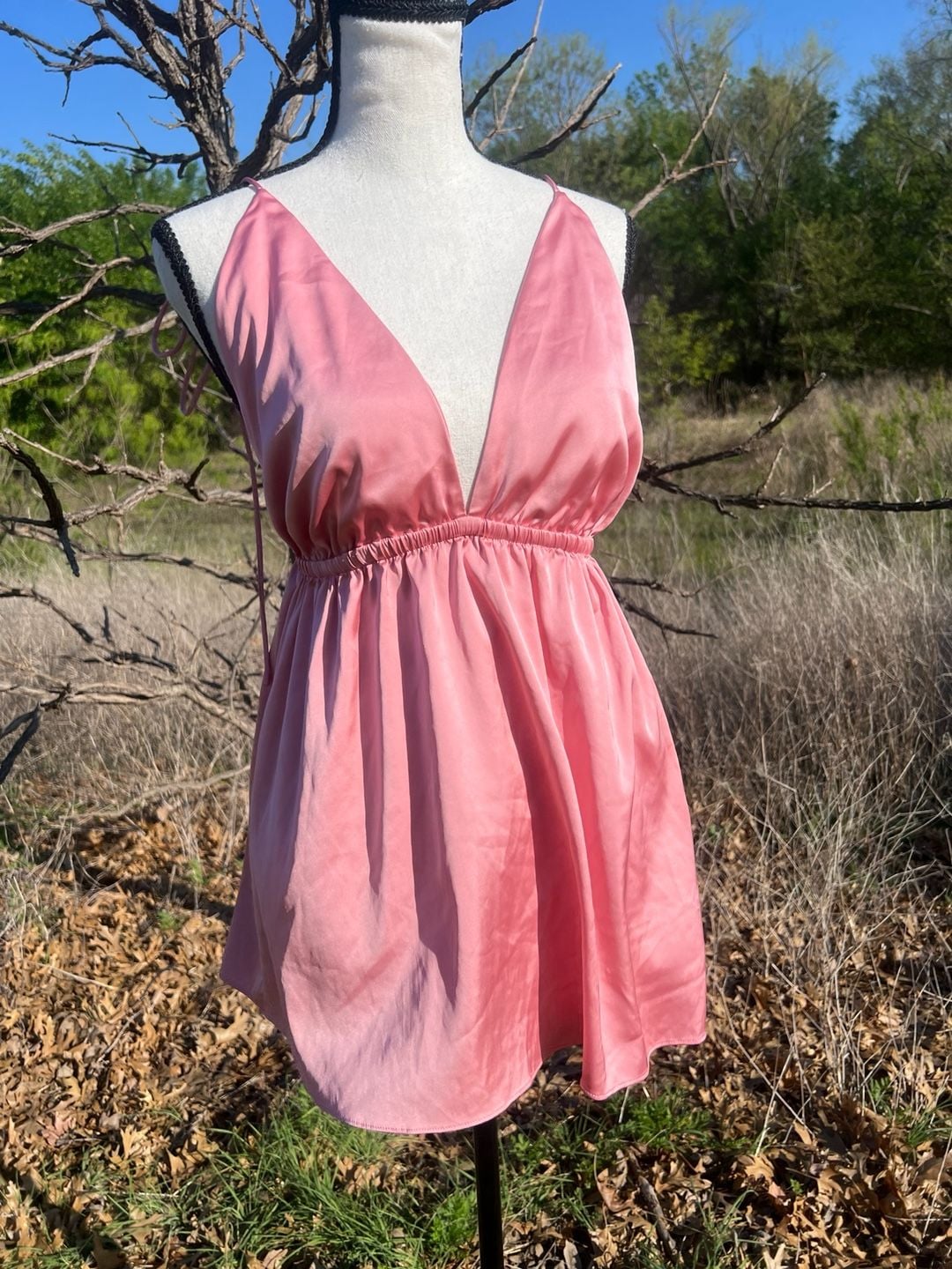 superdown Pink Satin Deep V-Neck Open Back Mini Dress 3