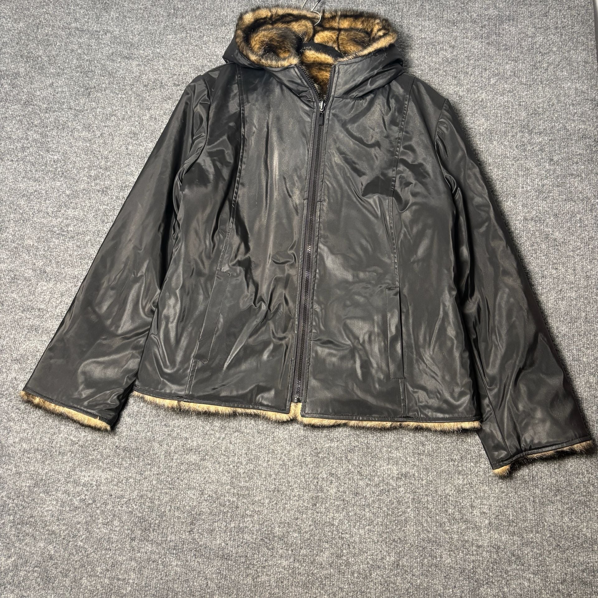 Braetan Women's Reversible Black PVC Faux Fur Lined Hooded Jacket 2