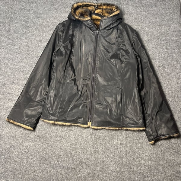 Braetan Women's Reversible Black PVC Faux Fur Lined Hooded Jacket