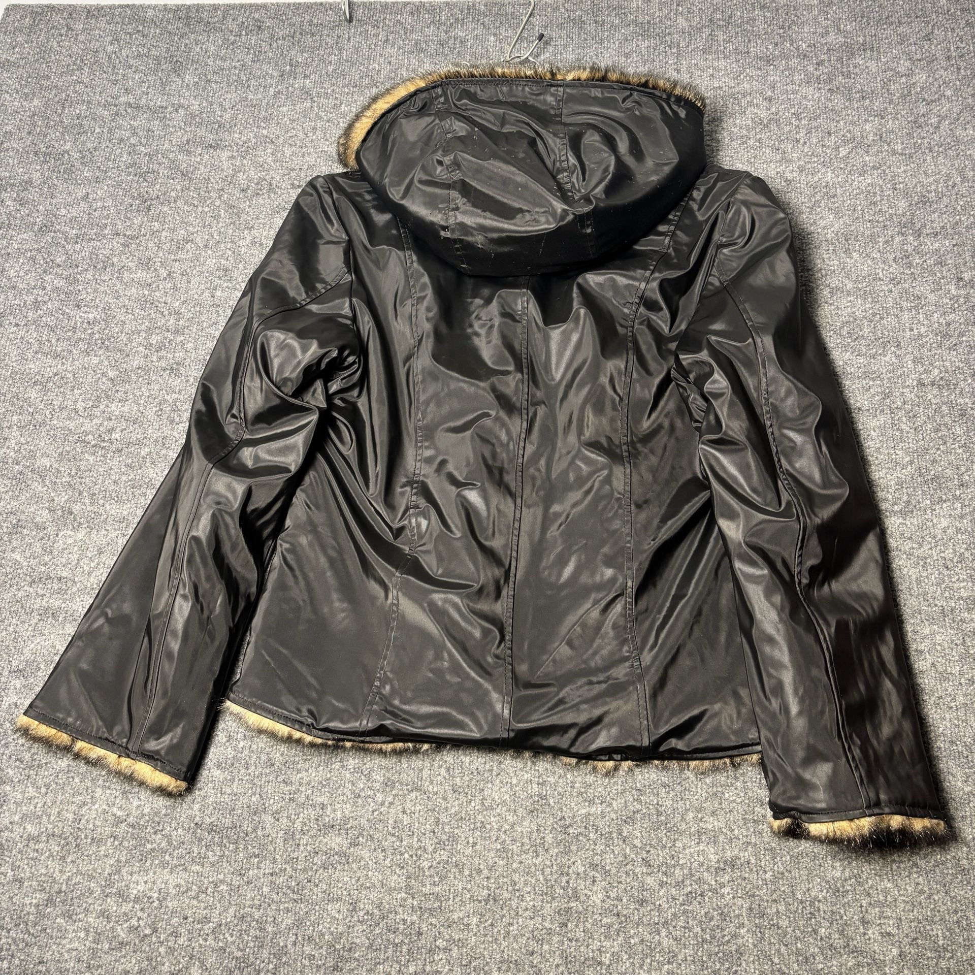 Braetan Women's Reversible Black PVC Faux Fur Lined Hooded Jacket 3