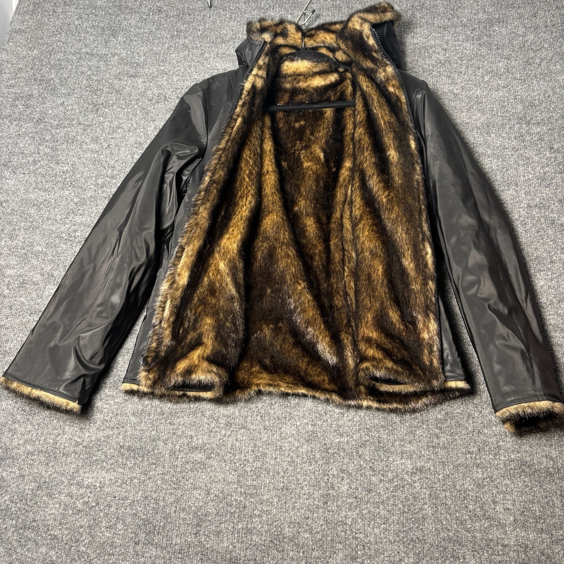Braetan Women's Reversible Black PVC Faux Fur Lined Hooded Jacket 5