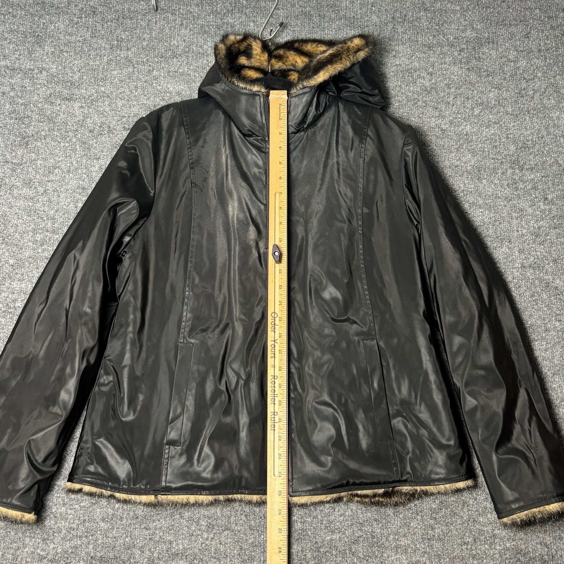 Braetan Women's Reversible Black PVC Faux Fur Lined Hooded Jacket 10
