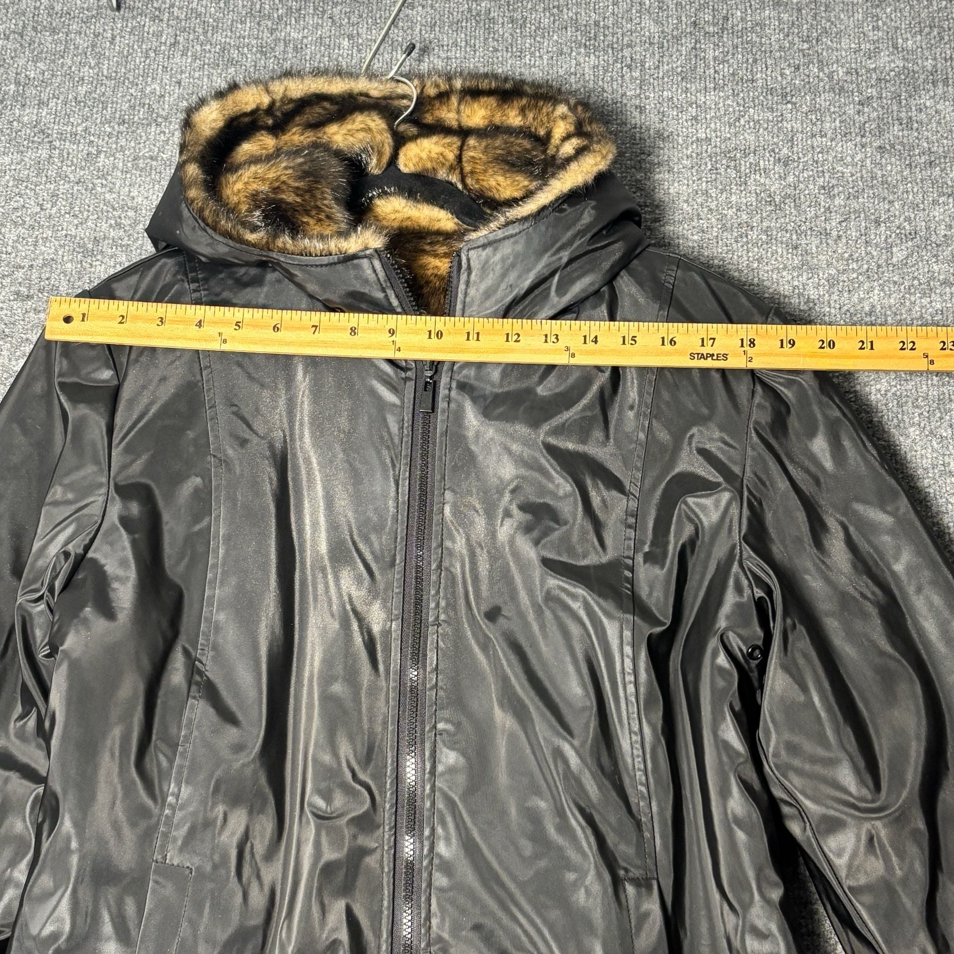 Braetan Women's Reversible Black PVC Faux Fur Lined Hooded Jacket 12