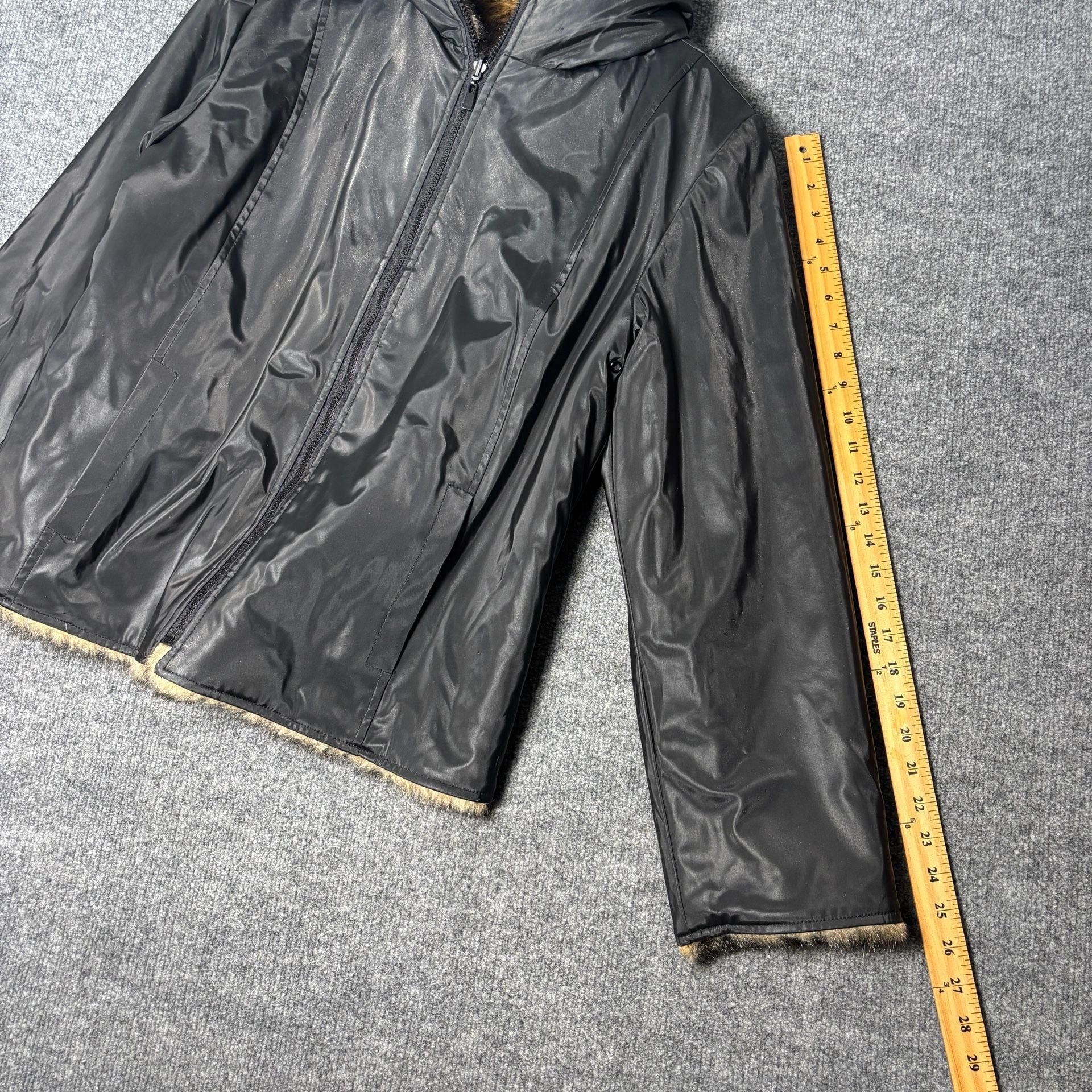 Braetan Women's Reversible Black PVC Faux Fur Lined Hooded Jacket 14