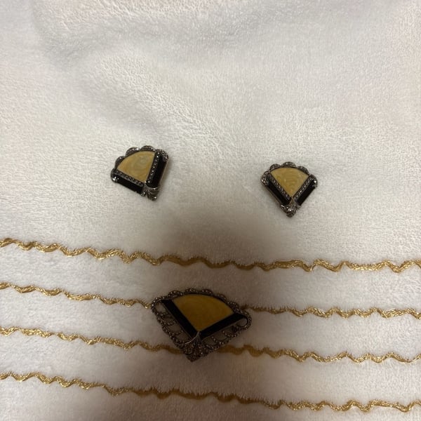 Vintage Art Deco Style Fan Enamel Marcasite Brooch and Earrings Set