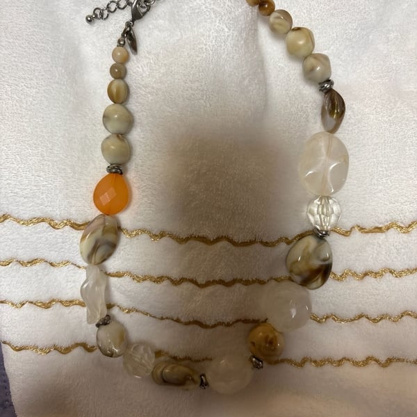 Chico's Chunky Multi-Bead Agate and Glass Statement Necklace with Orange Pop