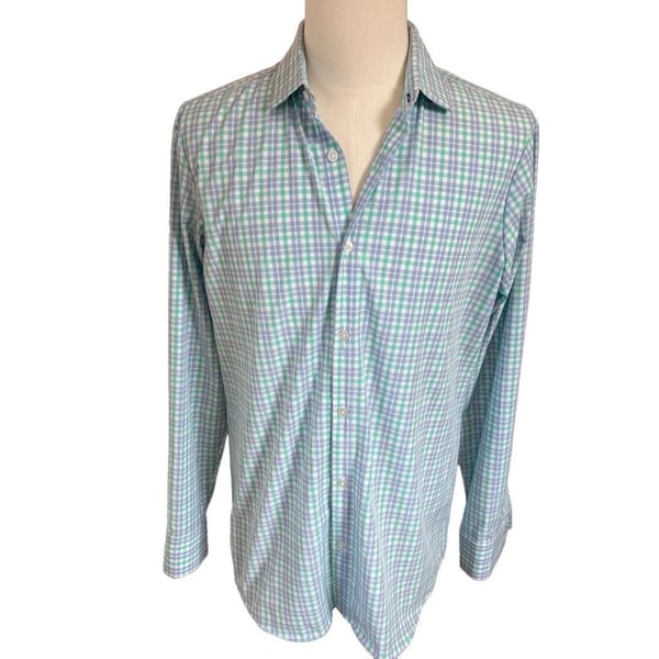 Mizzen+Main Leeward Trim Fit Performance Button Down Shirt in Blue and Green Check