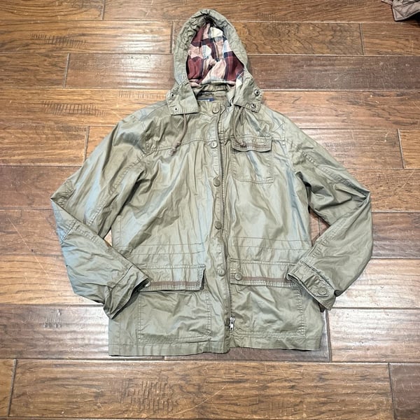 American Rag Men's Medium Olive Green Military Hooded Jacket with Plaid Lining
