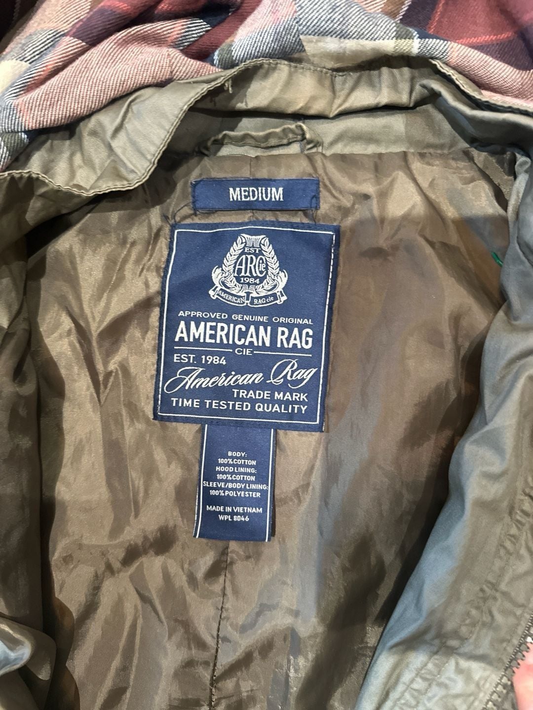 American Rag Men's Medium Olive Green Military Hooded Jacket with Plaid Lining 7