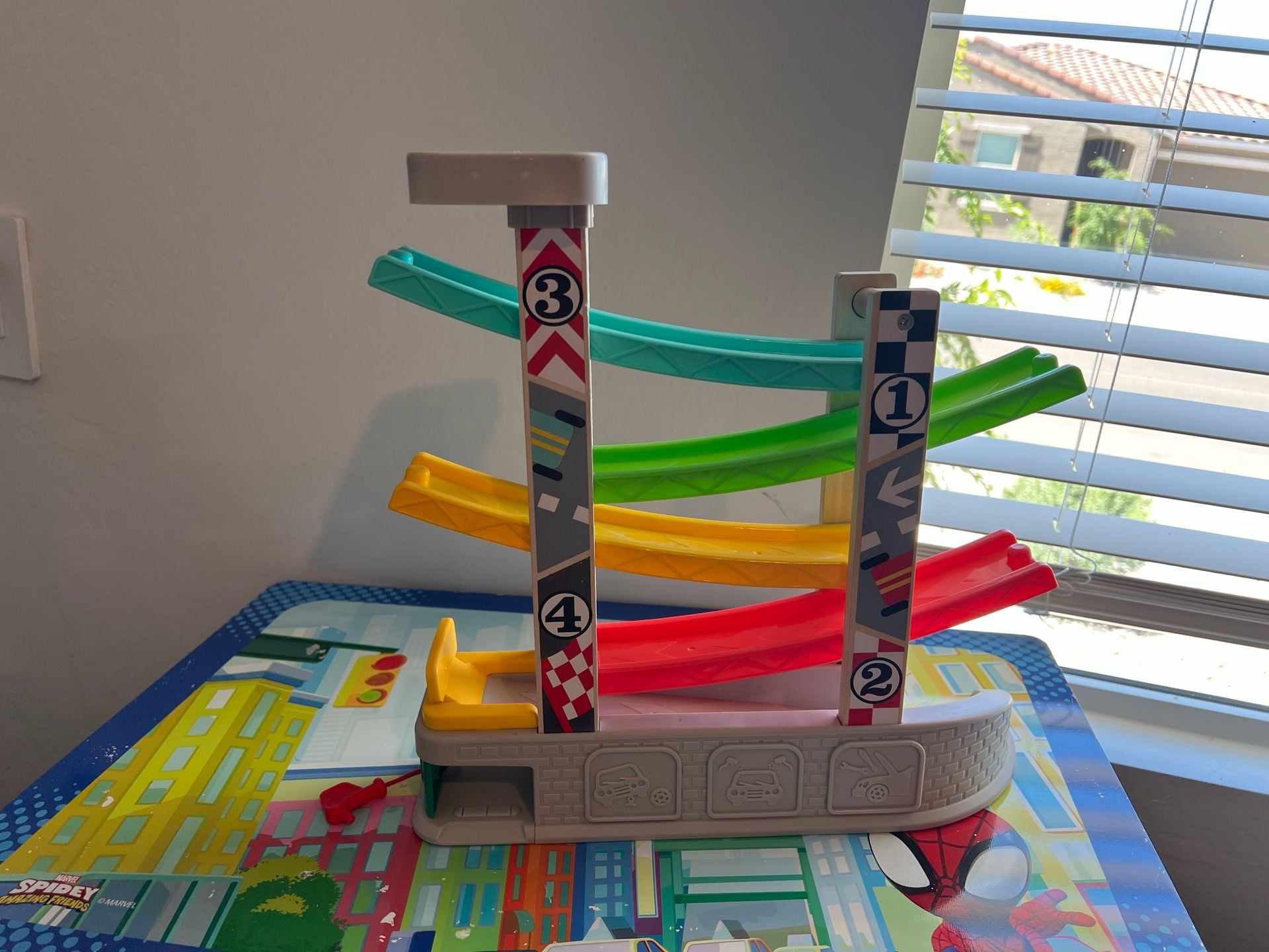 Top Bright Wooden Car Ramp Race Track Toy with Garage for Toddlers 1