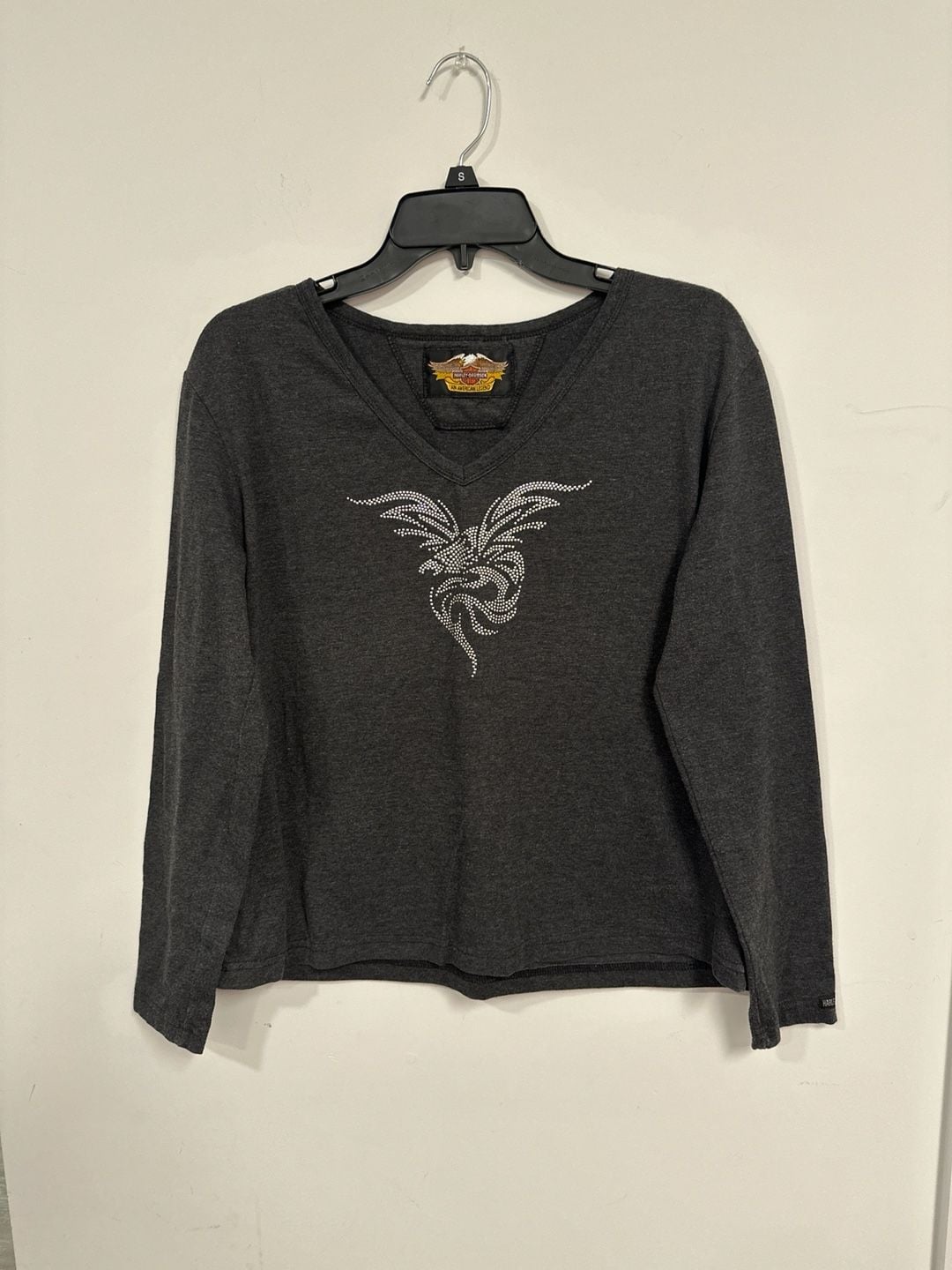 Vintage Harley-Davidson Women's Charcoal Grey V-Neck Long Sleeve Rhinestone Eagle Top 2