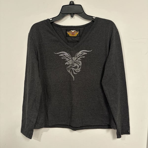 Vintage Harley-Davidson Women's Charcoal Grey V-Neck Long Sleeve Rhinestone Eagle Top