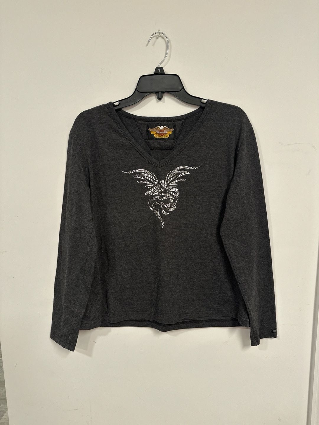 Vintage Harley-Davidson Women's Charcoal Grey V-Neck Long Sleeve Rhinestone Eagle Top 4