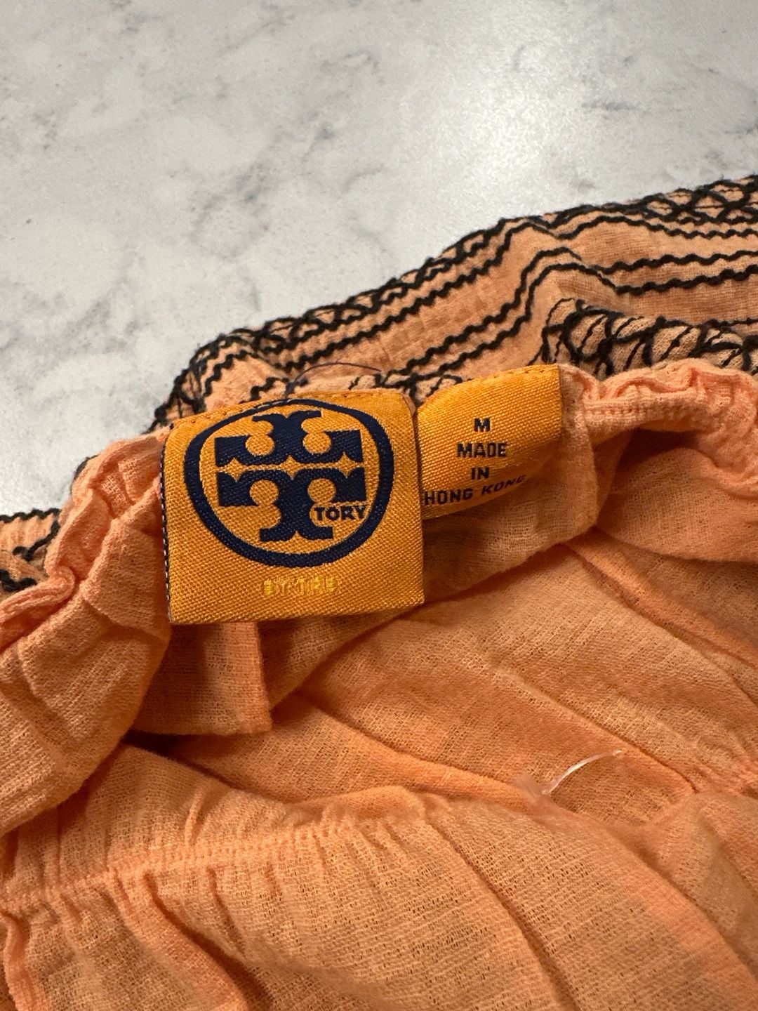 Tory Burch Orange Embroidered Smocked Strapless Cotton Gauze Dress 2