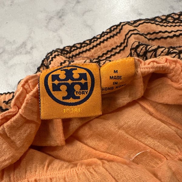 Tory Burch Orange Embroidered Smocked Strapless Cotton Gauze Dress
