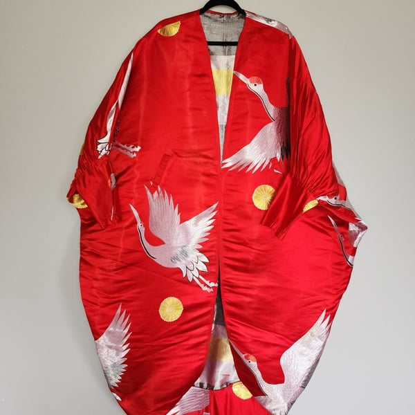 Vintage Red Silk Japanese Uchikake Wedding Kimono with Embroidered Cranes