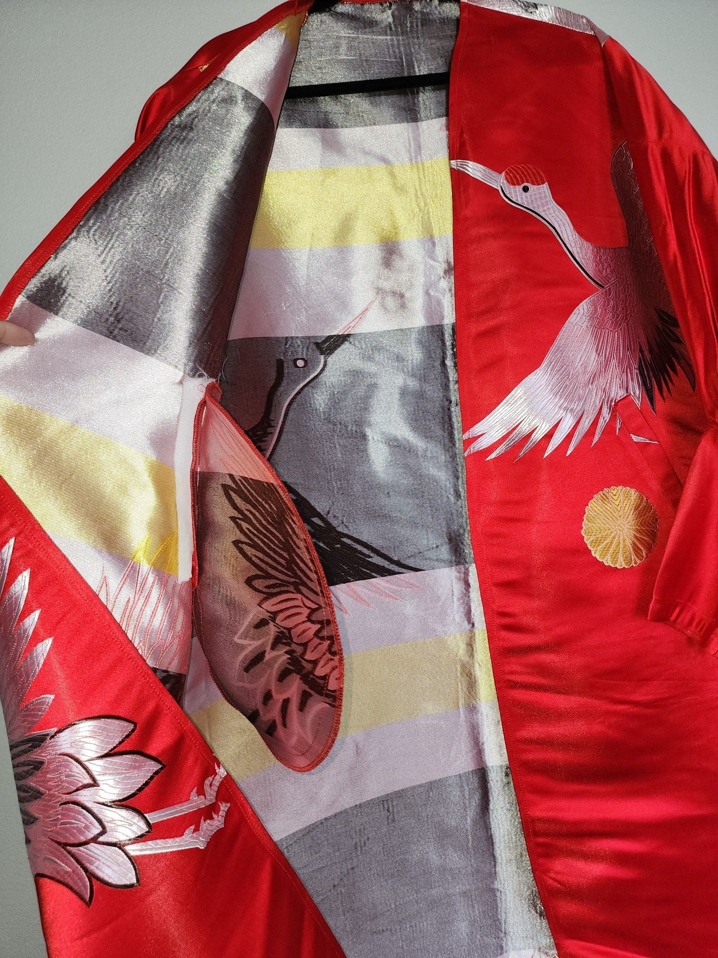 Vintage Red Silk Japanese Uchikake Wedding Kimono with Embroidered Cranes 7