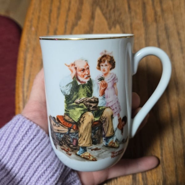 Vintage 1982 Norman Rockwell Porcelain Mug The Cobbler Gold Trim